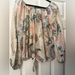 American Rag Multicolor Paisley Blouse with Crochet Sleeves